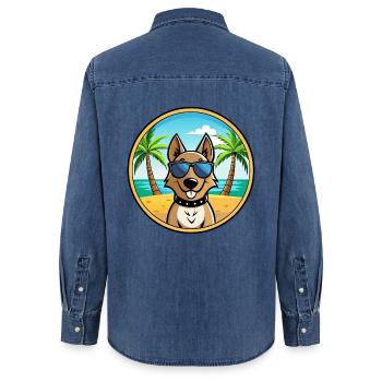Swiss Laufhund Chien Race Dessin Animé Lunettes de Soleil Plage - Chemise en denim femme bio Stanley/Stella - bleu moyen délavé  - Dos - AI Model Female 172 light (172cm)