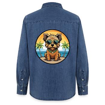 Norfolk Terrier Hunderasse Cartoon Sonnenbrille Strand - Frauen Jeanshemd Organic von Stanley/Stella - verwaschenes Mittelblau  - Hinten - AI Model Female 172 light (172cm)