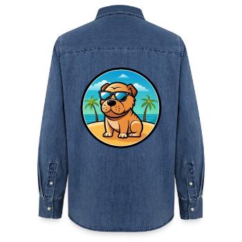 Miniatur Shar Pei Hunderasse Cartoon Sonnenbrille - Frauen Jeanshemd Organic von Stanley/Stella - verwaschenes Mittelblau  - Hinten - AI Model Female 172 light (172cm)