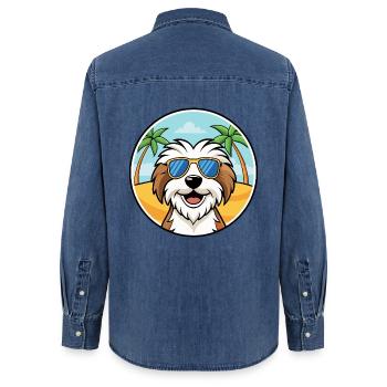Tibet Terrier Hund Rasse Cartoon Sonnenbrille Strand - Frauen Jeanshemd Organic von Stanley/Stella - verwaschenes Mittelblau  - Hinten - AI Model Female 172 light (172cm)
