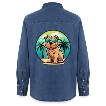 Shar Pei Hunderasse Cartoon Sonnenbrille Strand - Frauen Jeanshemd Organic von Stanley/Stella - verwaschenes Mittelblau  - Hinten - AI Model Female 172 light (172cm)