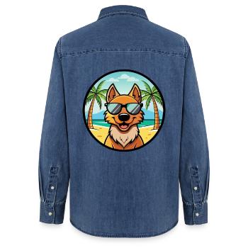 Frisian Pointing Dog Breed Cartoon Sunglass Beach - Women’s Organic Denim Shirt by Stanley/Stella - mid washy  - Back - AI Model Female 172 light (172cm)