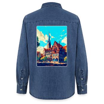 Hanovre Allemagne Poster de voyage vintage souvenir - Chemise en denim femme bio Stanley/Stella - bleu moyen délavé  - Dos - AI Model Female 172 light (172cm)