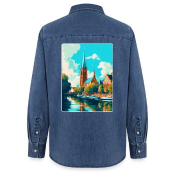 Affiche de voyage vintage de Lübeck Allemagne Souvenir WPA - Chemise en denim femme bio Stanley/Stella - bleu moyen délavé  - Dos - AI Model Female 172 light (172cm)