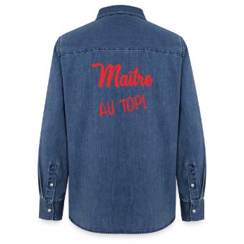 MAÎTRE. MAITRE. MERCI. MERCI MAÎTRE - Chemise en denim femme bio Stanley/Stella - bleu moyen délavé  - Dos - AI Model Female 172 light (172cm)