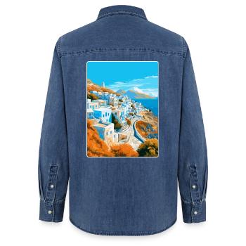 Ios Grèce Affiche de voyage vintage souvenir souvenir - Chemise en denim femme bio Stanley/Stella - bleu moyen délavé  - Dos - AI Model Female 172 light (172cm)