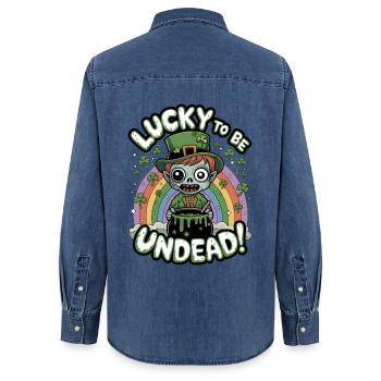 Glück, Untote zu sein! - Frauen Jeanshemd Organic von Stanley/Stella - verwaschenes Mittelblau  - Hinten - AI Model Female 172 light (172cm)