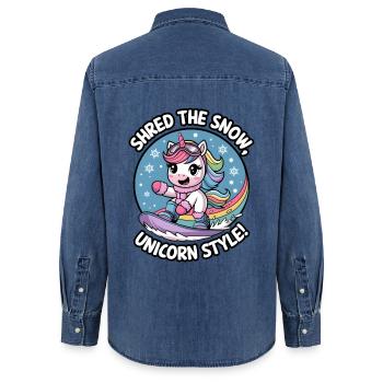 Déchiquetez la neige, à la manière d’une licorne ! - Chemise en denim femme bio Stanley/Stella - bleu moyen délavé  - Dos - AI Model Female 172 light (172cm)