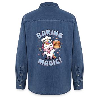 Back-Magie! - Frauen Jeanshemd Organic von Stanley/Stella - verwaschenes Mittelblau  - Hinten - AI Model Female 172 light (172cm)