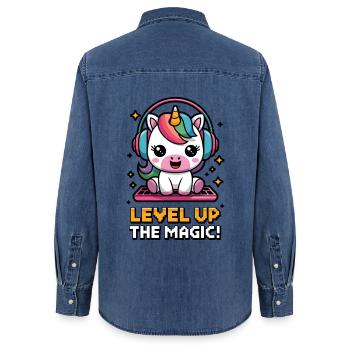 Passez au niveau supérieur de la magie ! - Chemise en denim femme bio Stanley/Stella - bleu moyen délavé  - Dos - AI Model Female 172 light (172cm)