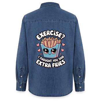 Exercice? Je pensais que vous aviez dit frites supplémentaires - Chemise en denim femme bio Stanley/Stella - bleu moyen délavé  - Dos - AI Model Female 172 light (172cm)