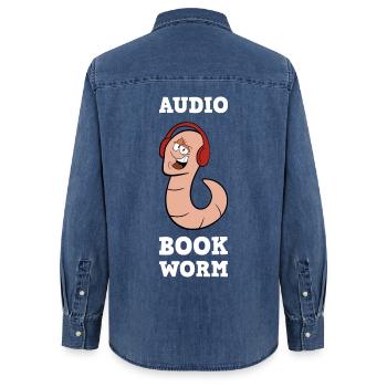 Audiobook Worm Hörbuch Bücherwurm mit Kopfhörern - Frauen Jeanshemd Organic von Stanley/Stella - verwaschenes Mittelblau  - Hinten - AI Model Female 172 light (172cm)