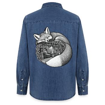 Schlafender Fuchs mit einer gemütlichen Bibliothek - Frauen Jeanshemd Organic von Stanley/Stella - verwaschenes Mittelblau  - Hinten - AI Model Female 172 light (172cm)