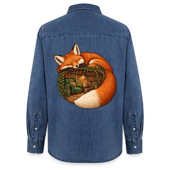 Schlafender Fuchs mit einer gemütlichen Bibliothek - Frauen Jeanshemd Organic von Stanley/Stella - verwaschenes Mittelblau  - Hinten - AI Model Female 172 light (172cm)
