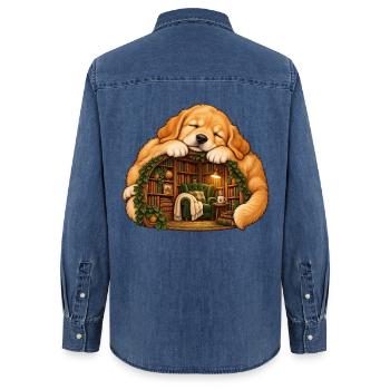 Schlafender Golden Retriever mit einer gemütlichen Bibliothek - Frauen Jeanshemd Organic von Stanley/Stella - verwaschenes Mittelblau  - Hinten - AI Model Female 172 light (172cm)