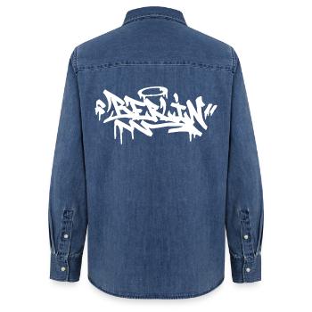 Berlin City Graffiti Street Art Handstyle - Frauen Jeanshemd Organic von Stanley/Stella - verwaschenes Mittelblau  - Hinten - AI Model Female 172 light (172cm)