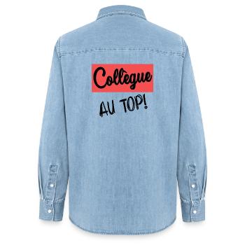 COLLEAGUE. START. RETIREMENT - Women’s Organic Denim Shirt by Stanley/Stella - light wash - Back - AI Model Female 172 light (172cm)