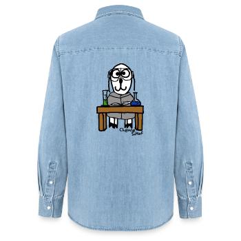 Chemie ScHoF - Frauen Jeanshemd Organic von Stanley/Stella - verwaschenes Hellblau - Hinten - AI Model Female 172 light (172cm)