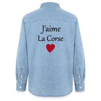 J'aime la Corse - Chemise en denim femme bio Stanley/Stella - bleu clair délavé - Dos - AI Model Female 172 light (172cm)