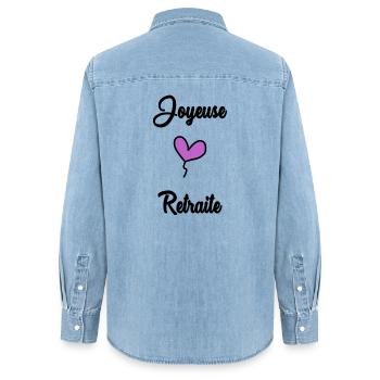 COLLEAGUE. START. RETIREMENT - Women’s Organic Denim Shirt by Stanley/Stella - light wash - Back - AI Model Female 172 light (172cm)