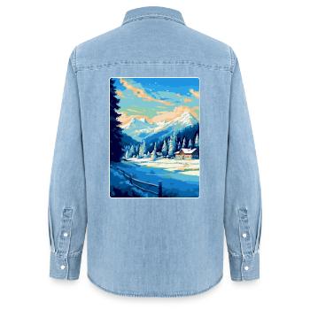 Kitzbühel Autriche Affiche de voyage vintage souvenir - Chemise en denim femme bio Stanley/Stella - bleu clair délavé - Dos - AI Model Female 172 light (172cm)