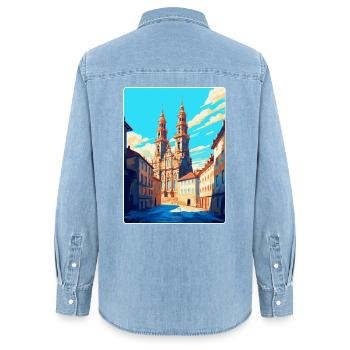 Santiago Spanien Vintage Reiseplakat Souvenir WPA - Frauen Jeanshemd Organic von Stanley/Stella - verwaschenes Hellblau - Hinten - AI Model Female 172 light (172cm)