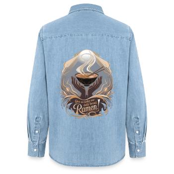 Schenken Sie uns heute unser tägliches Brot Ramen - Frauen Jeanshemd Organic von Stanley/Stella - verwaschenes Hellblau - Hinten - AI Model Female 172 light (172cm)