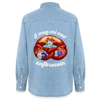 I mog mi ned aufbrezeln lustiges Dirndl Shirt - Chemise en denim femme bio Stanley/Stella - bleu clair délavé - Dos - AI Model Female 172 light (172cm)