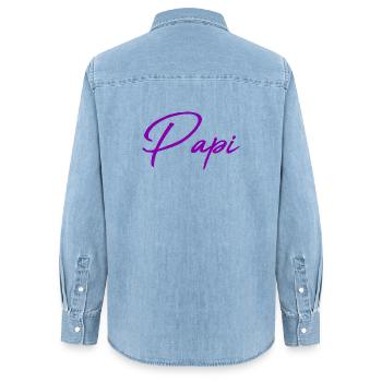 PAPI. PAPY. PAPA. FÊTE DES PÈRES. BONNE FÊTE PAPA. - Chemise en denim femme bio Stanley/Stella - bleu clair délavé - Dos - AI Model Female 172 light (172cm)
