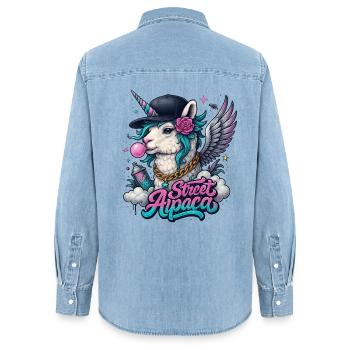 Street Alpaca mit Horn, Flügeln und Kaugummi - Frauen Jeanshemd Organic von Stanley/Stella - verwaschenes Hellblau - Hinten - AI Model Female 172 light (172cm)