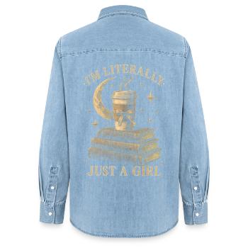 Just A Girl Vintage Books Kaffee - Frauen Jeanshemd Organic von Stanley/Stella - verwaschenes Hellblau - Hinten - AI Model Female 172 light (172cm)
