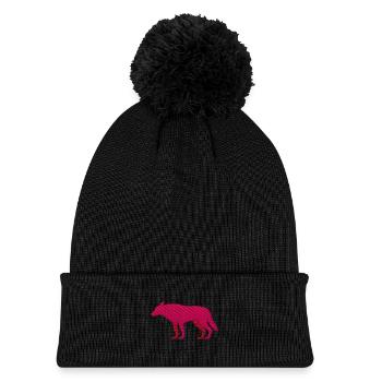 Pink wolf embroidered - Kids' Knitted hat with pompom - black - Front