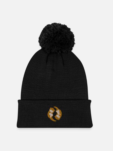 Otter Yin Yang bestickt - Kinder Strickmütze mit Bommel - Schwarz