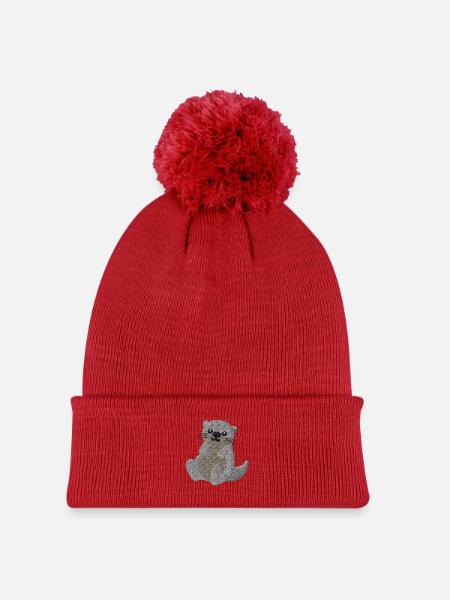 Otter bestickt - Kinder Strickmütze mit Bommel - Rot