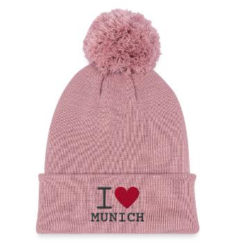Ich liebe München mit Herz bestickt - Kinder Strickmütze mit Bommel - Altrosa - Vorne