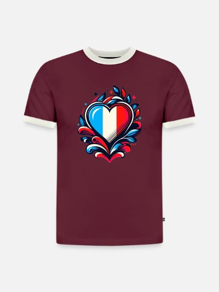 Coeur drapeau Français - T-shirt contrasté homme slim fit en coton bio - bordeaux/blanc cassé
