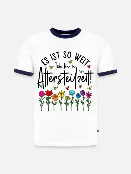 Es ist soweit Ich bin in Altersteilzeit - Blumen - Slim Fit Männer Organic Contrast T-Shirt - Weiß/Navyblau