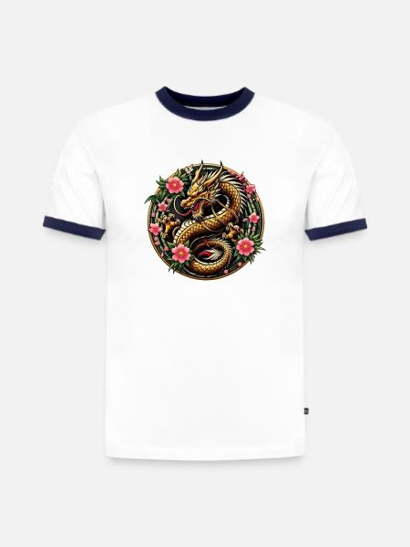 Dragon de Chine - T-shirt contrasté homme slim fit en coton bio - blanc/bleu marine