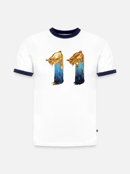 NEJ. 11 NUMMER 11 SEJ 11 ÅRS FØDSELSDAG - Herre slim fit kontrast-T-shirt i økologisk bomuld - hvid/marineblå
