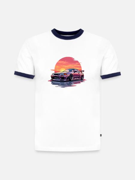 Skyline Sonnenuntergang - Slim Fit Männer Organic Contrast T-Shirt - Weiß/Navyblau