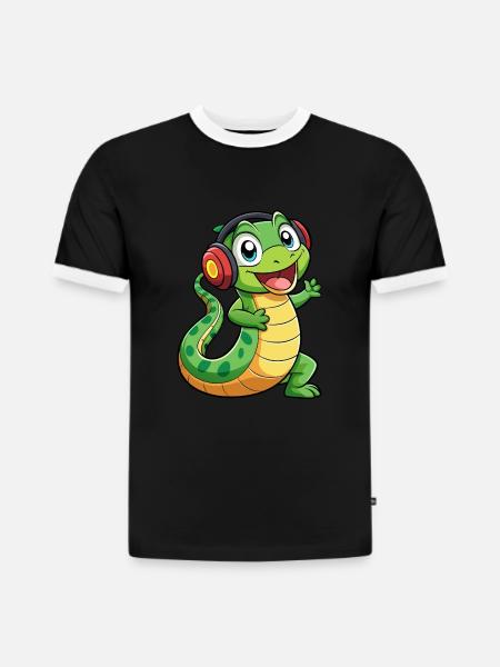 Snake Funny Cartoon Character Headphone Music - Slim Fit Men's Organic Contrast T-Shirt - 