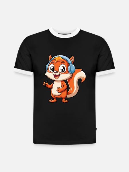 Ekorre Rolig Tecknad Figur Hörlurar Musik - Slim fit kontrast-T-shirt för herr i ekologisk bomull - 