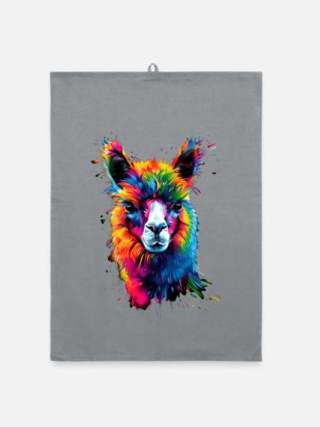 Alpaka Pop Art Bunte Farben Lama Regenbogen Alpaka - Organic Geschirrtuch - Grau - Vorne