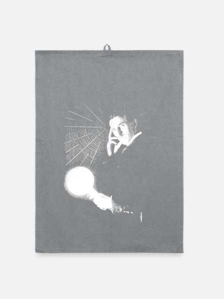 Nikola Tesla with light bulb and Tesla coil - Organic dish towel - grey - Front