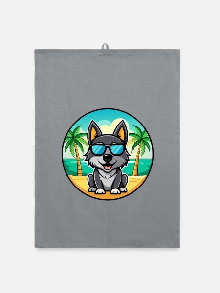 Schwarzer Norwegischer Elchhund Hunderasse Cartoon Strand - Organic Geschirrtuch - Grau - Vorne