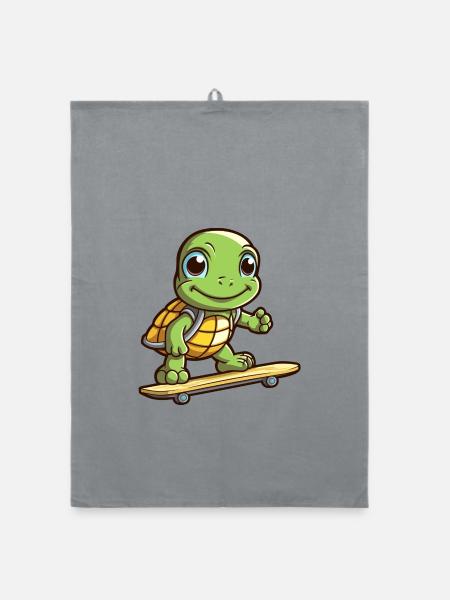 Lustige Schildkröte Kawaii Cartoon Haustier spielt Skateboard - Organic Geschirrtuch - Grau