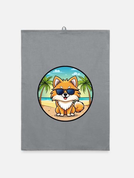 Pommerscher Deutscher Spitz Hunderasse Cartoon Beach - Organic Geschirrtuch - Grau - Vorne