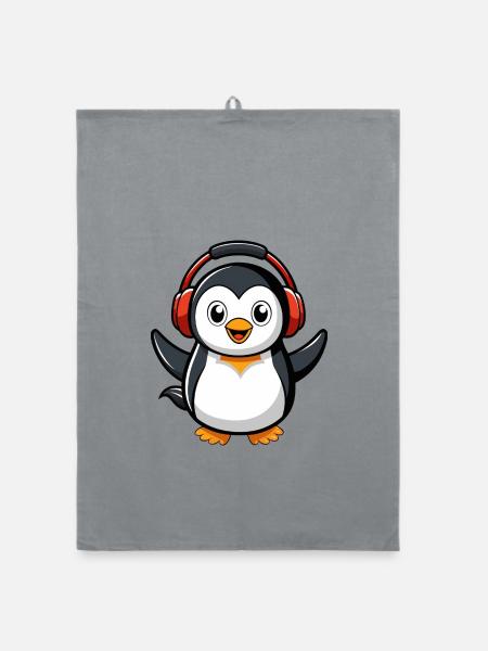 Pinguin Lustige Zeichentrickfigur Kopfhörermusik - Organic Geschirrtuch - Grau - Vorne