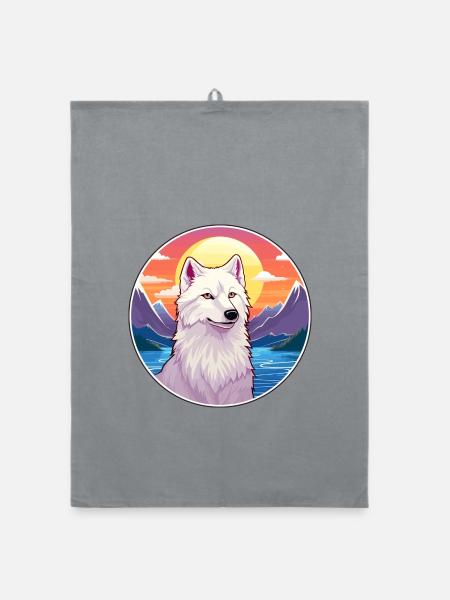 Arktischer Wolf Bunte Aquarell-Karikatur Kawaii Haustier - Organic Geschirrtuch - Grau - Vorne