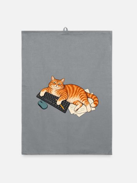 Mein Schreibtisch – Katze auf der Tastatur - Organic Geschirrtuch - Grau